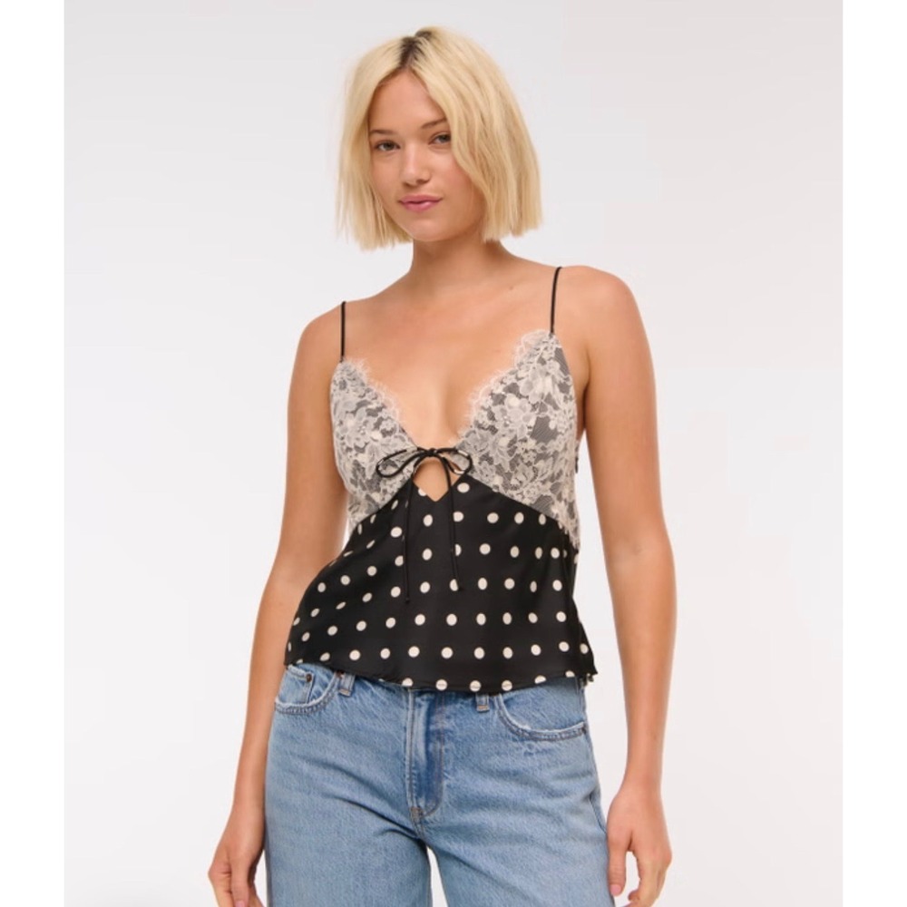 Abercrombie & Fitch Bella Tie-Front Cami Black Polka Dot Lace Top NWT Medium
